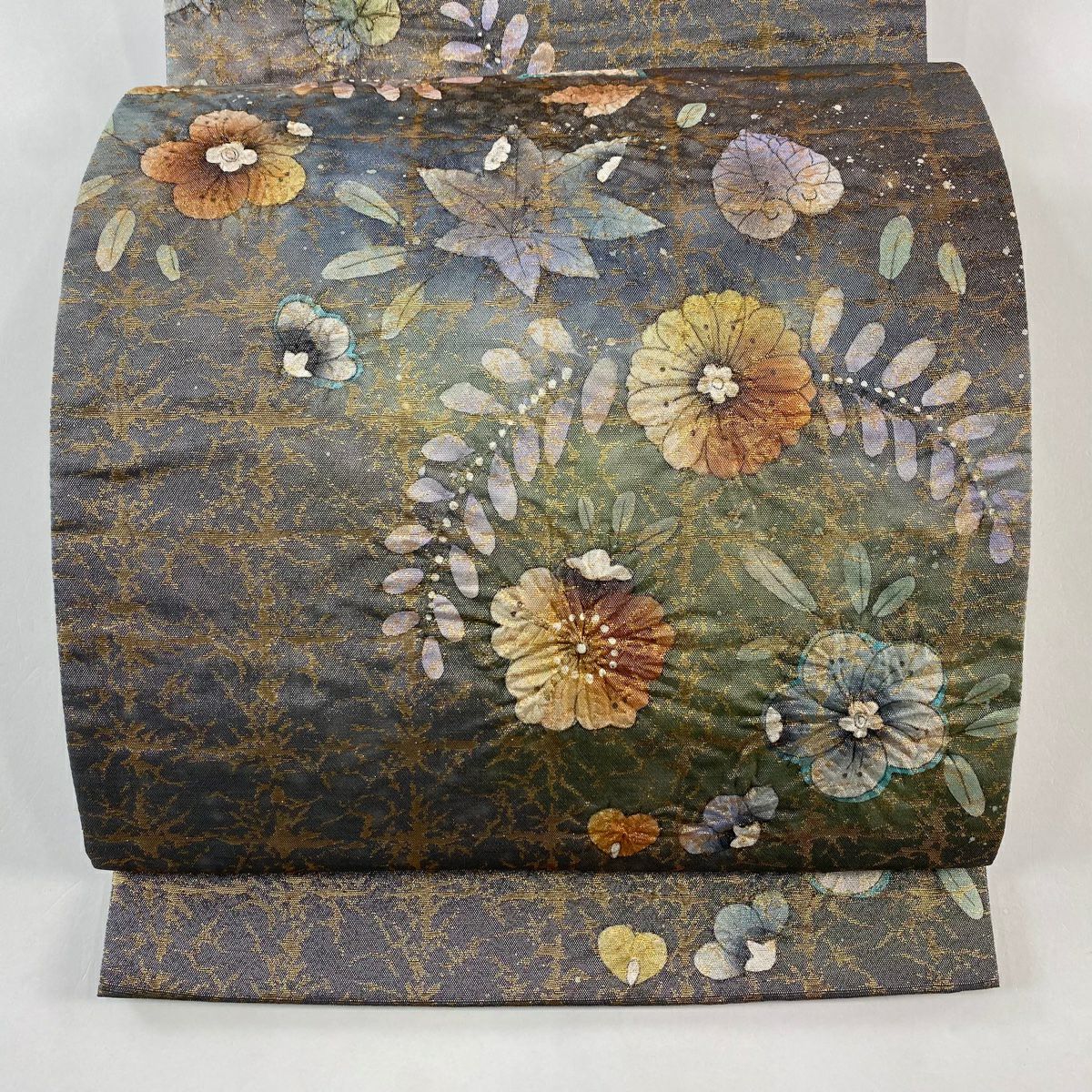 【美品】 袋帶 名品級 落款あり 辻花染 銀通し 金金箔 深藍 お太鼓柄 純蠶絲