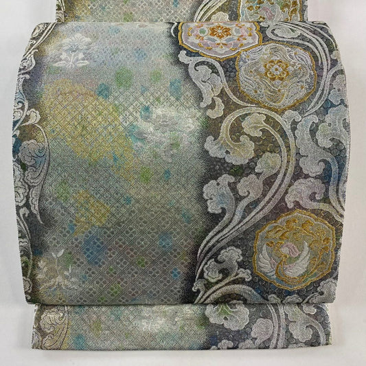 【庫存清倉】 袋帶 名品級 道長唐草紋華紋 金銀絲 金金箔 銀 全通 純蠶絲