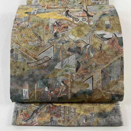 【美品】 袋帶 名品級 御所風景 雲文 金金箔 灰色 全通 純蠶絲