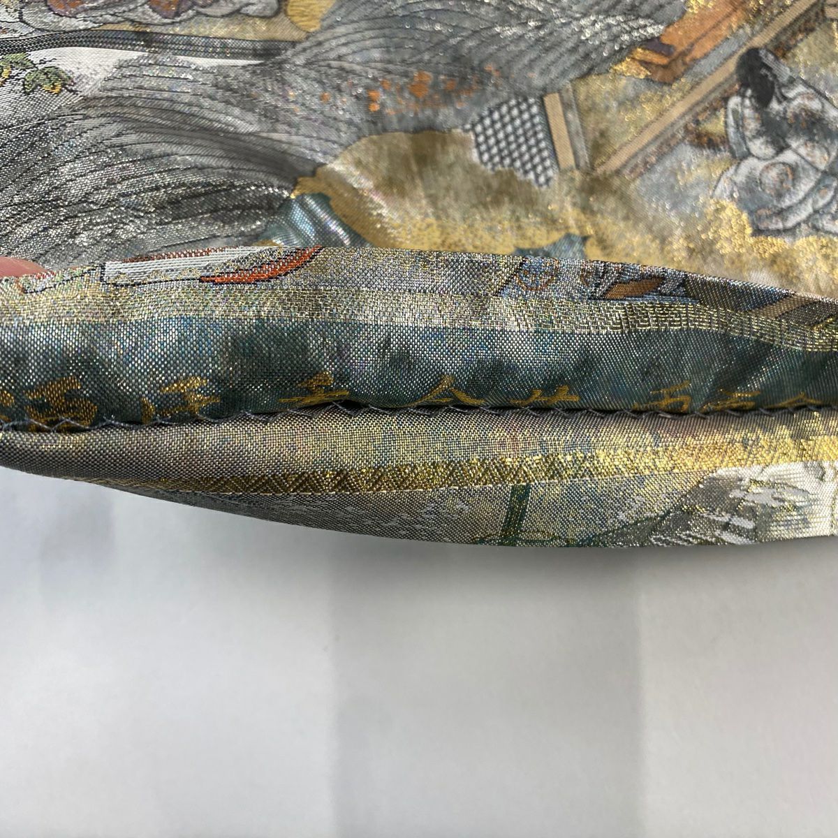 【美品】 袋帶 名品級 御所風景 雲文 金金箔 灰色 全通 純蠶絲