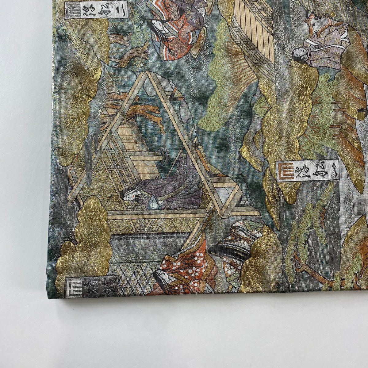 【美品】 袋帶 名品級 御所風景 雲文 金金箔 灰色 全通 純蠶絲