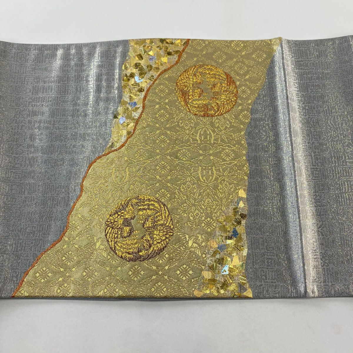 【美品】 袋帶 名品級 堀省平 落款あり 金金箔散布 鳥丸紋 金絲 金金箔 銀色 大鼓圖案 純蠶絲
