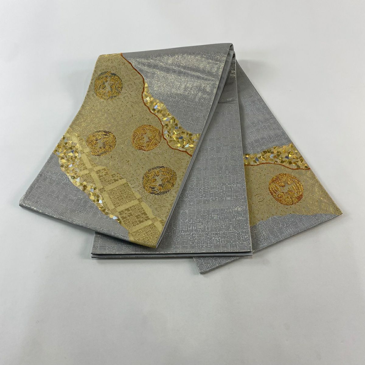 【美品】 袋帶 名品級 堀省平 落款あり 金金箔散布 鳥丸紋 金絲 金金箔 銀色 大鼓圖案 純蠶絲