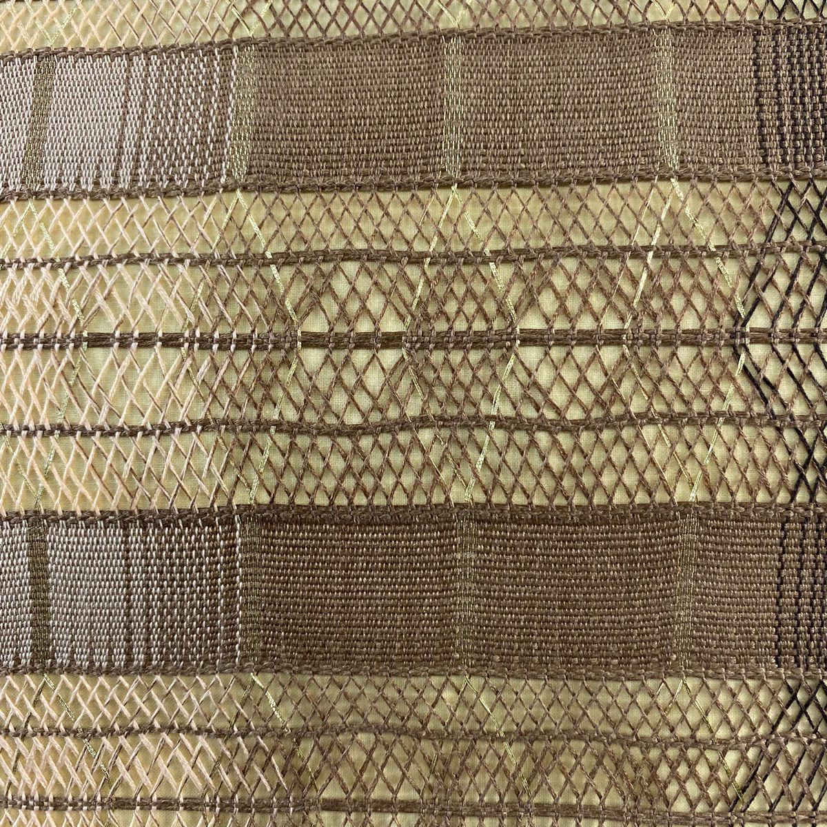 【美品】 袋帶 名品級 雙面 縞 幾何圖案 金絲 組織 淺茶 細鼓圖案 純蠶絲