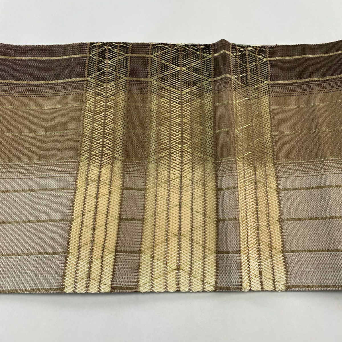 【美品】 袋帶 名品級 雙面 縞 幾何圖案 金絲 組織 淺茶 細鼓圖案 純蠶絲