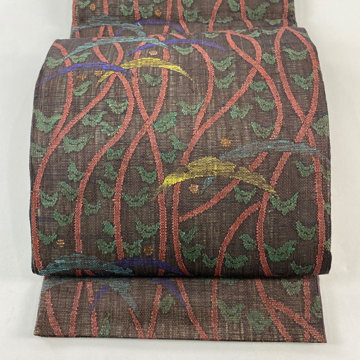 【美品】 袋帶 名品級 草花紋 葉柄 金金箔 紫 六通 純蠶絲