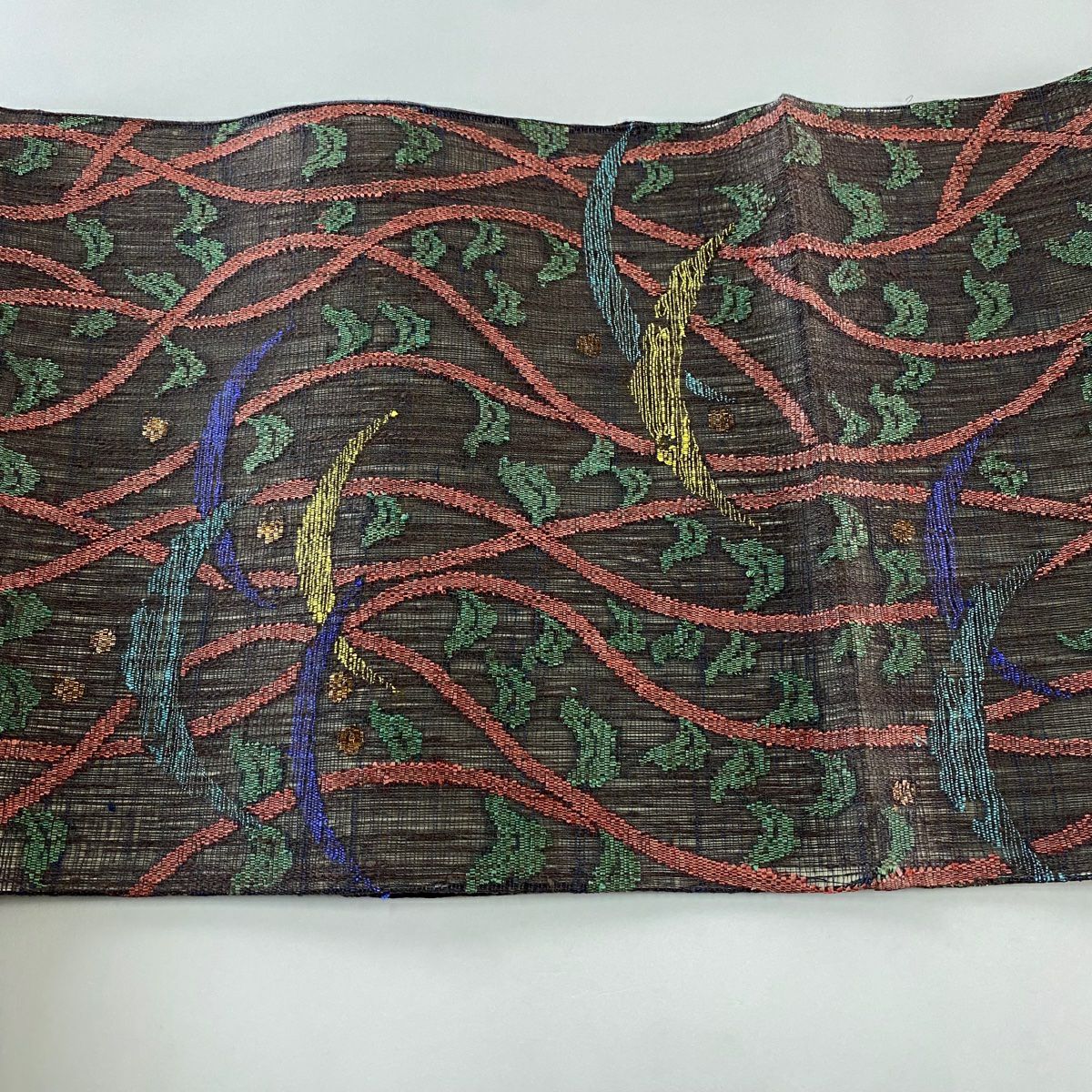 【美品】 袋帶 名品級 草花紋 葉柄 金金箔 紫 六通 純蠶絲