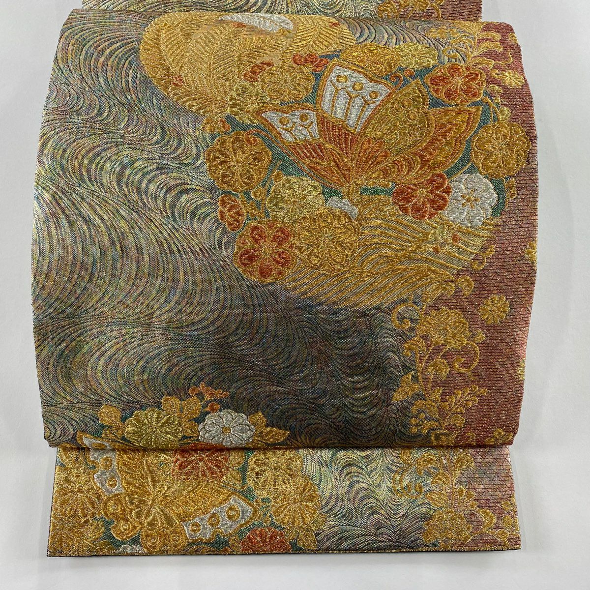 袋帶 秀品級 振袖禮服禮服用 蝶 花丸紋 金銀線 金金箔 金色 六通 純蠶絲
