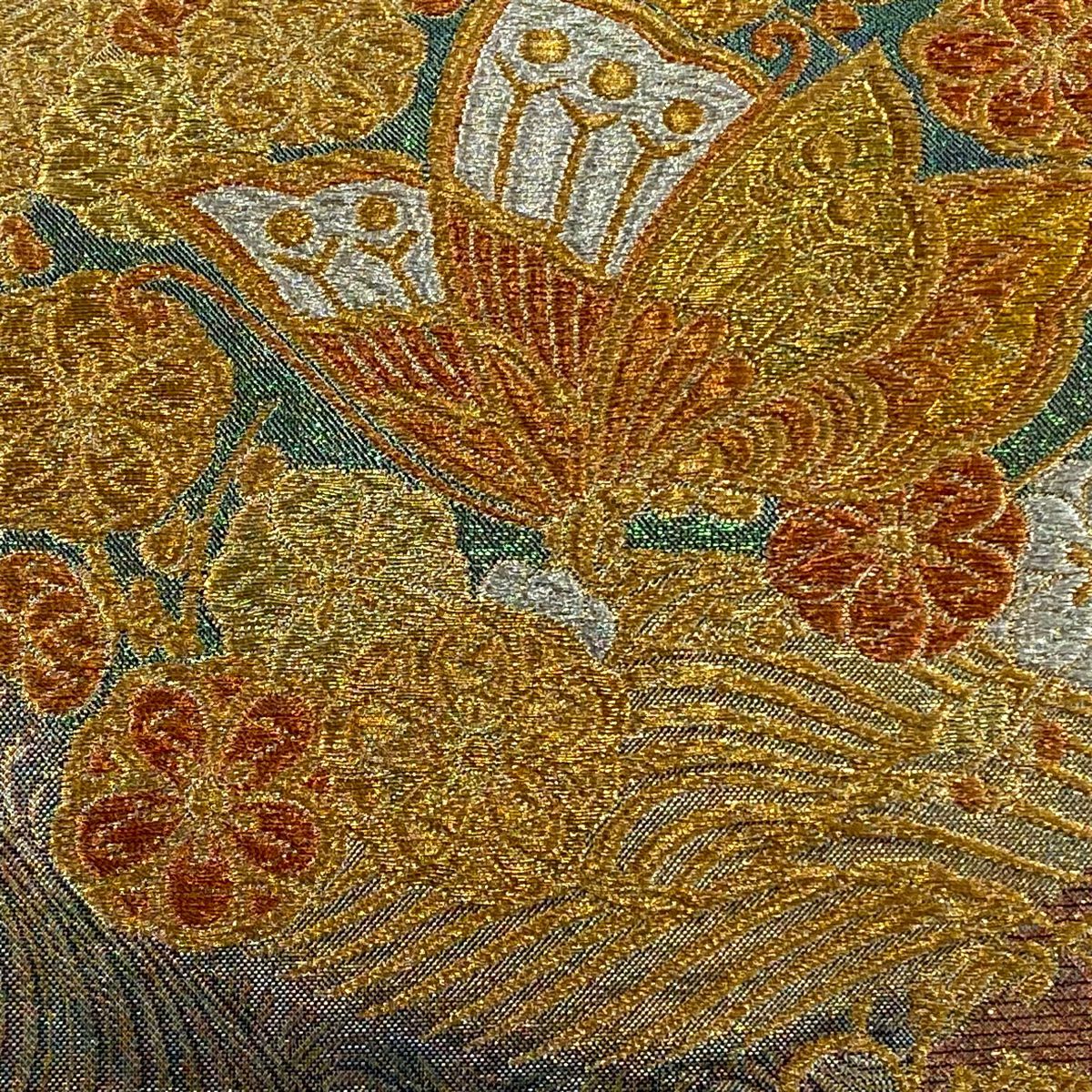 袋帶 秀品級 振袖禮服禮服用 蝶 花丸紋 金銀線 金金箔 金色 六通 純蠶絲