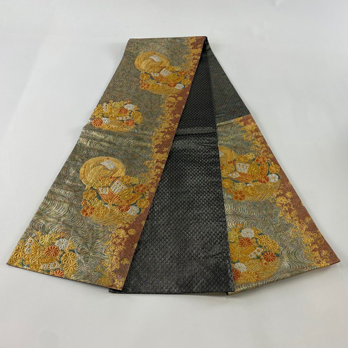 袋帶 秀品級 振袖禮服禮服用 蝶 花丸紋 金銀線 金金箔 金色 六通 純蠶絲