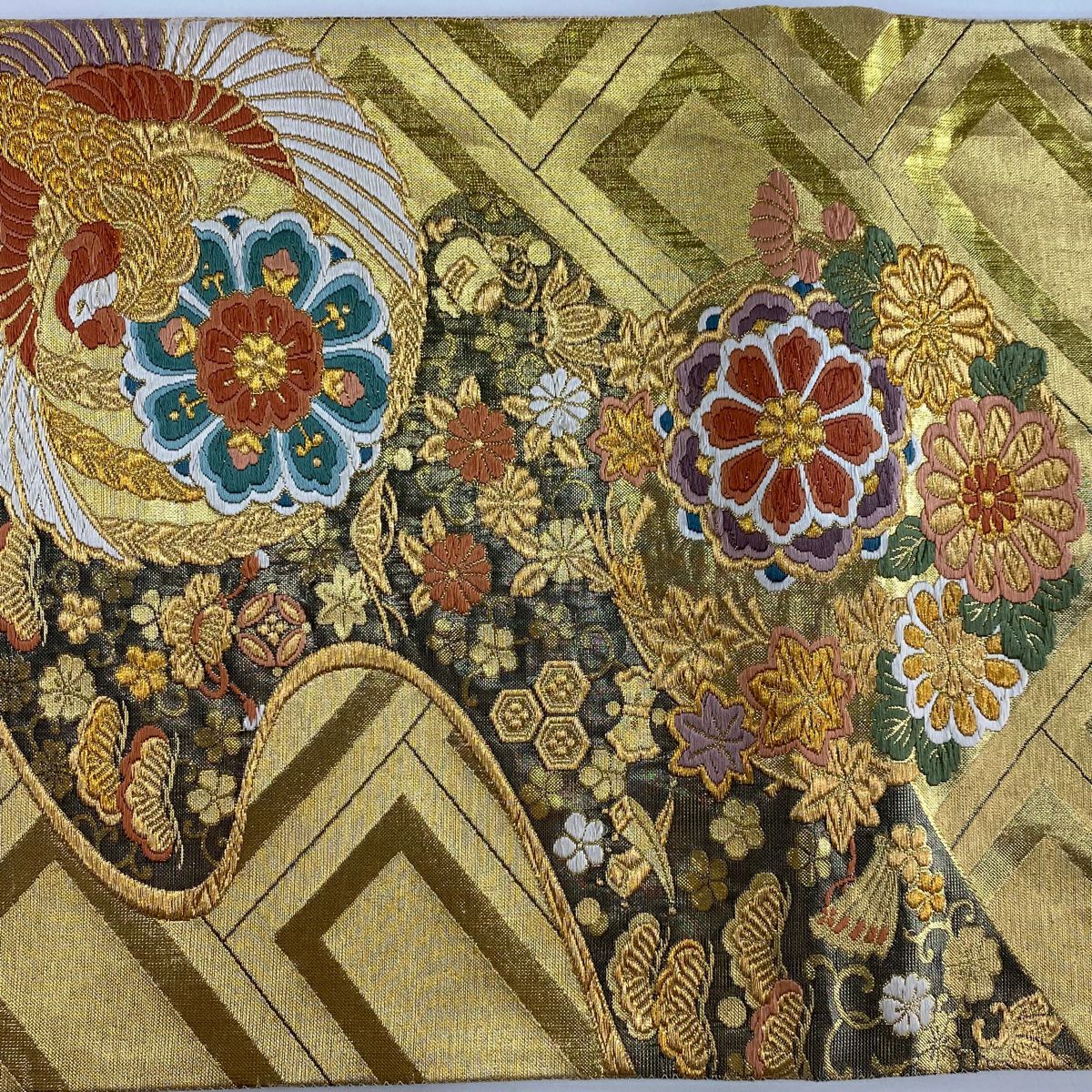 袋帶 秀品級 鳳凰 華紋 唐織 金金箔 金色 六通 純蠶絲