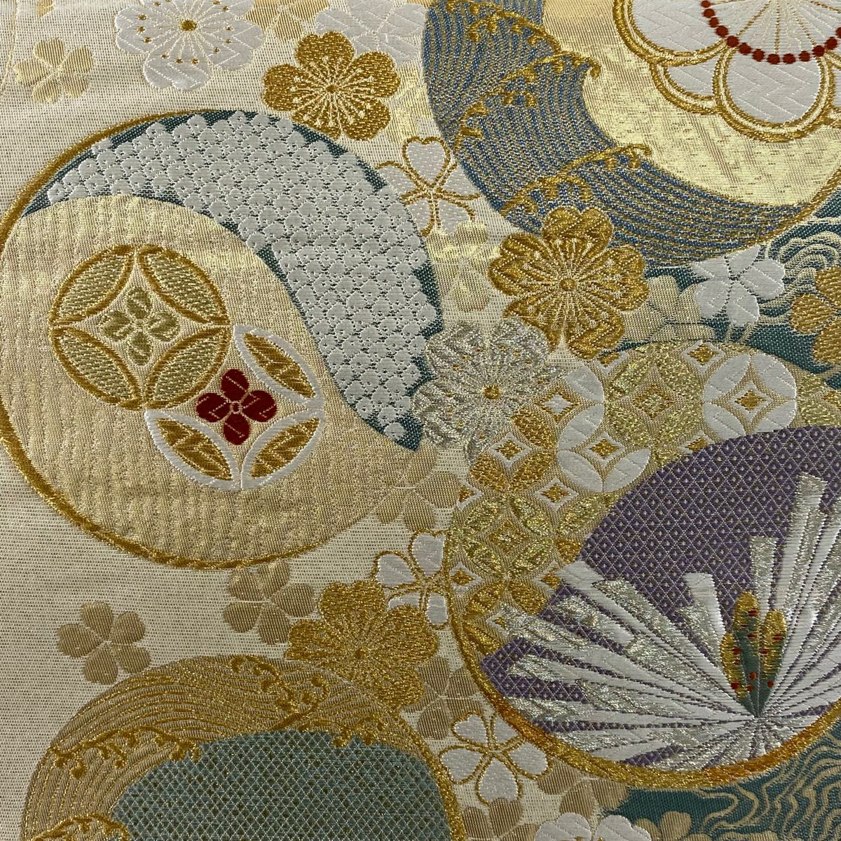 袋帶 秀品級 若松樹 梅花 金銀絲 金金箔 米色 六通 純蠶絲