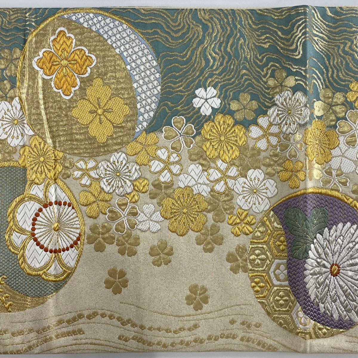袋帶 秀品級 若松樹 梅花 金銀絲 金金箔 米色 六通 純蠶絲