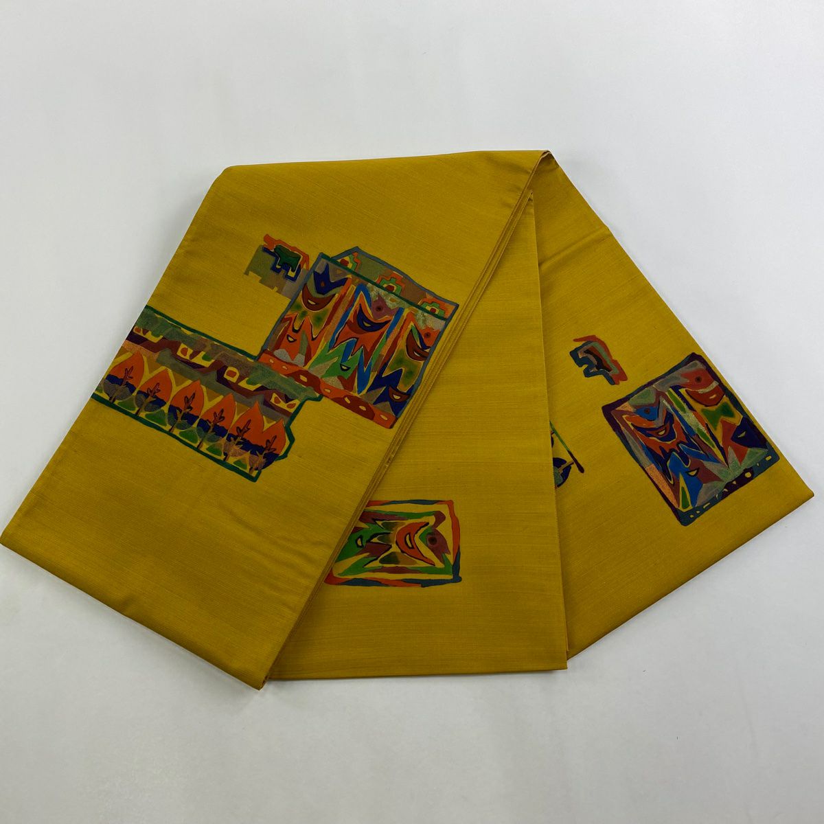 【美品】 袋帶 秀品級 樹木 魚 金通 彩 黃土 茶色 正蠶絲