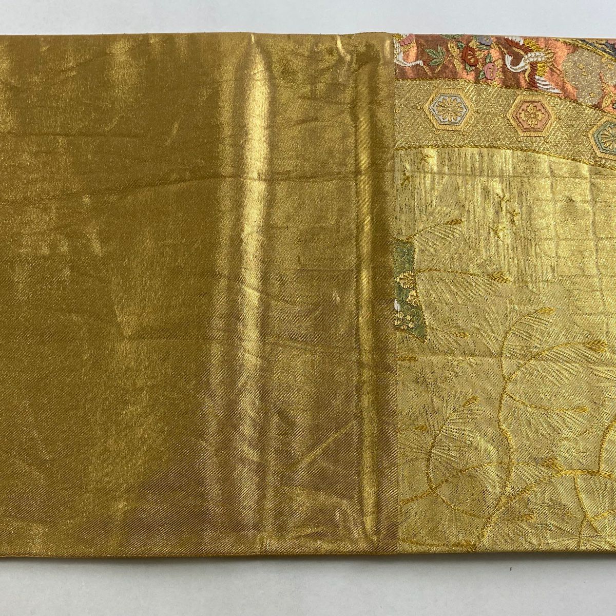 袋帶 秀品級 振袖禮服禮服用 束帶熨斗紋 草花紋紋 金絲 金金箔 金色 六通 純蠶絲