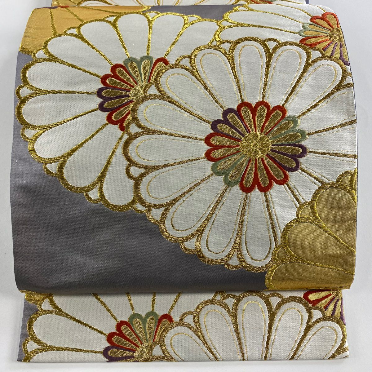 【美品】 袋帶 秀品級 菊花 金糸 金金箔 灰 深藍 六通 純蠶絲