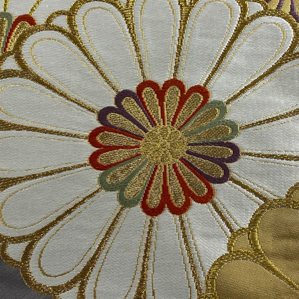 【美品】 袋帶 秀品級 菊花 金糸 金金箔 灰 深藍 六通 純蠶絲