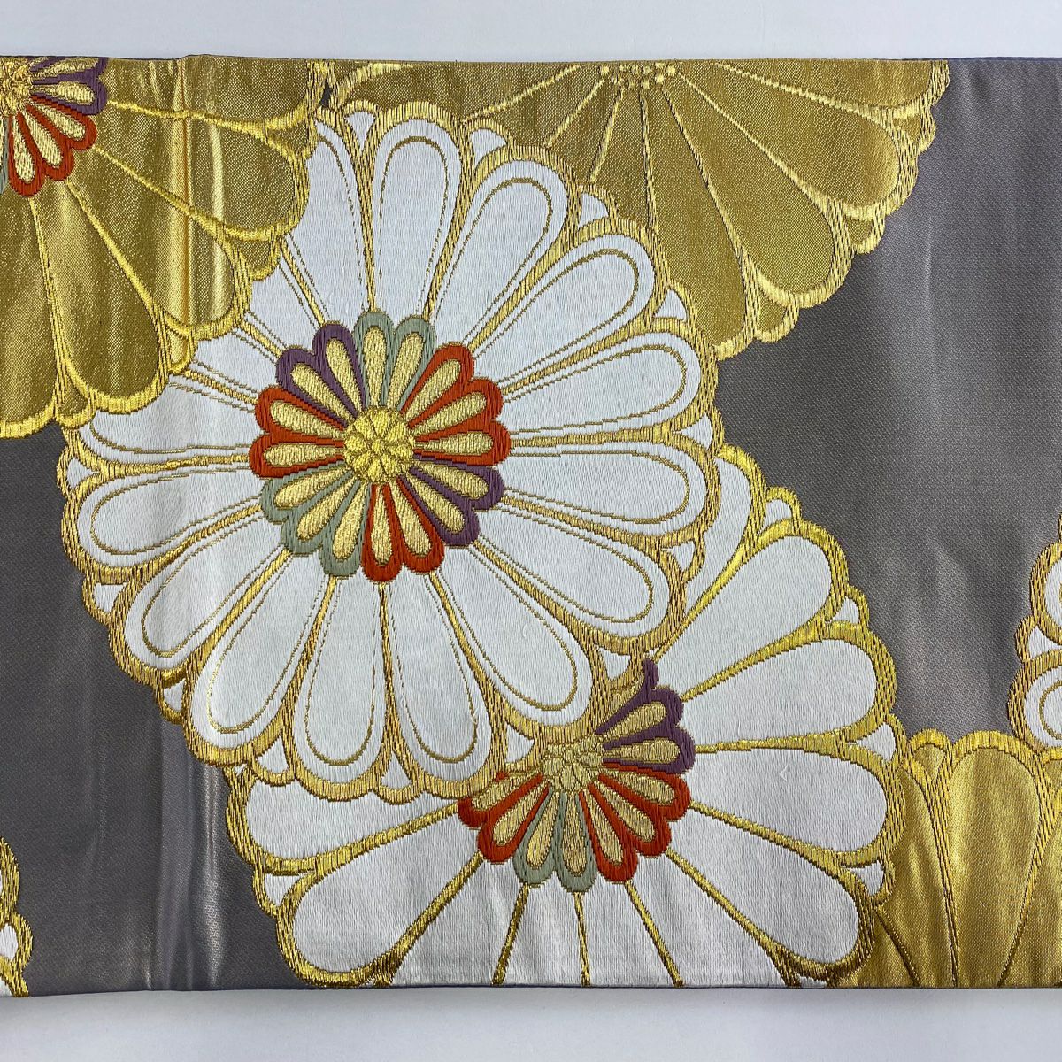 【美品】 袋帶 秀品級 菊花 金糸 金金箔 灰 深藍 六通 純蠶絲