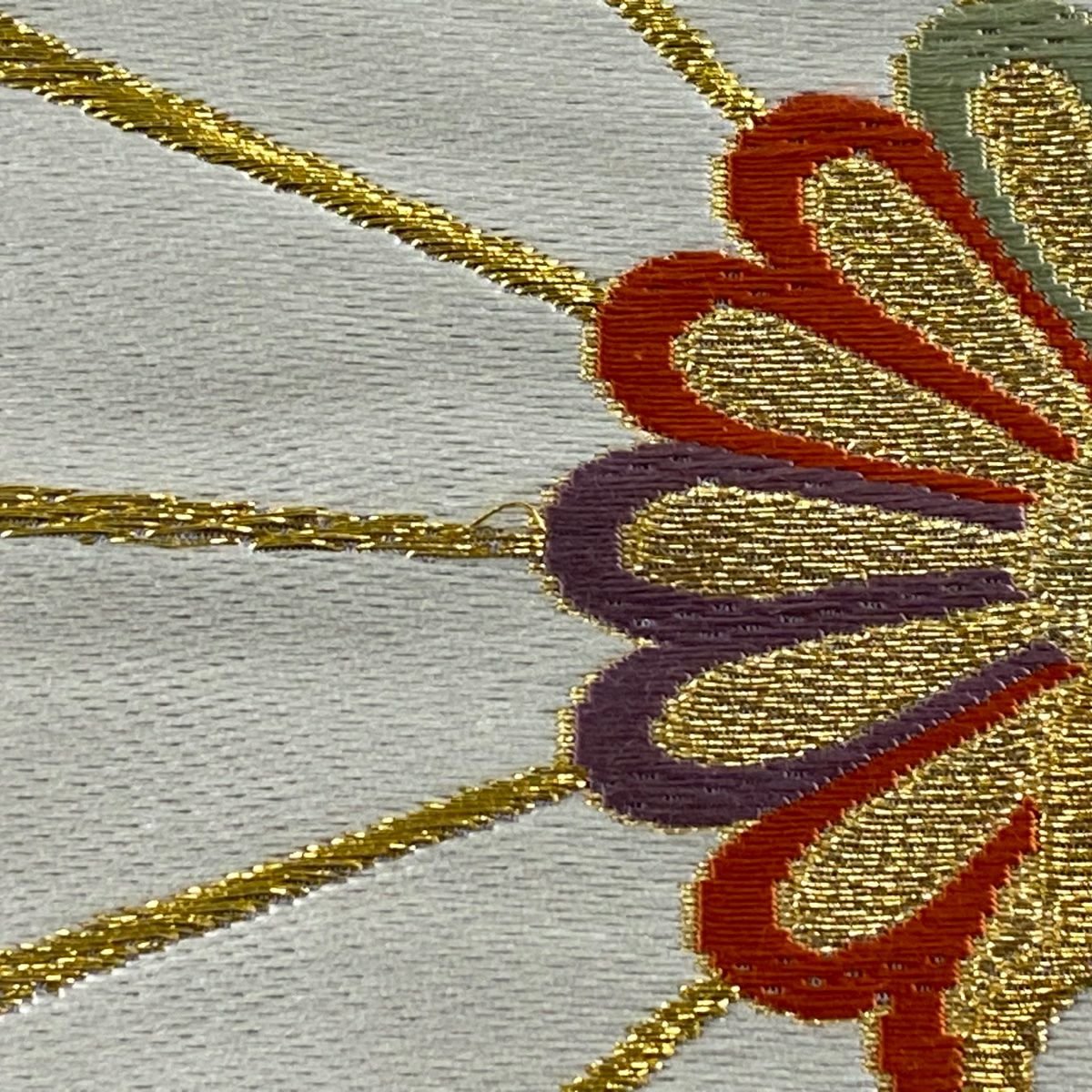 【美品】 袋帶 秀品級 菊花 金糸 金金箔 灰 深藍 六通 純蠶絲