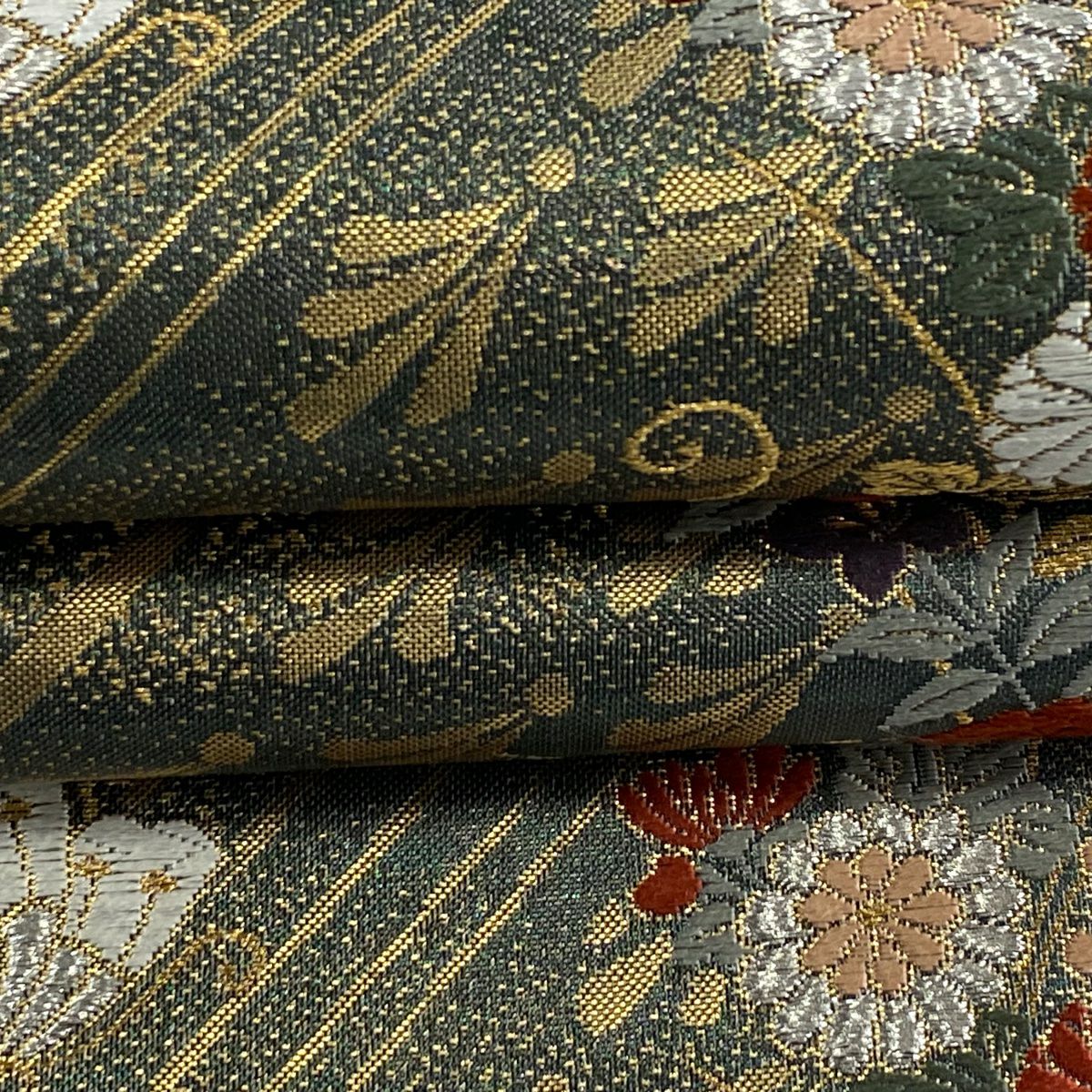 袋帶 秀品級 蝶 草花紋 金銀彩 金金箔 深綠 六通 純蠶絲