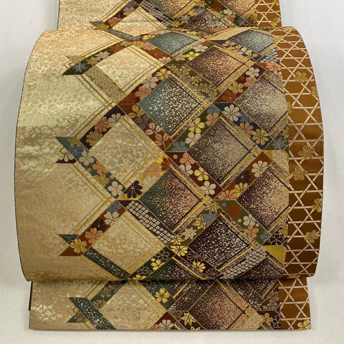 【美品】 袋帶 秀品級 菱花 金絲 金金箔 金色 六通 純蠶絲