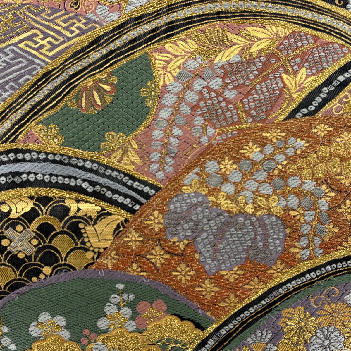 袋帶 秀品級 波 草花紋 金糸 金金箔 墨 深藍 六通 純蠶絲