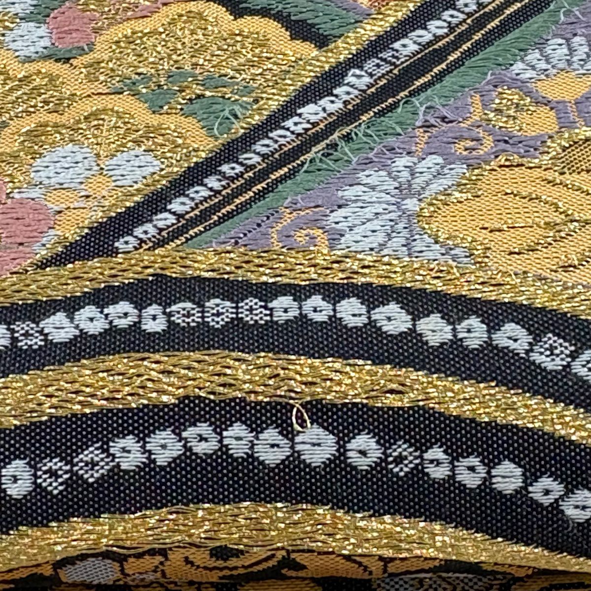 袋帶 秀品級 波 草花紋 金糸 金金箔 墨 深藍 六通 純蠶絲