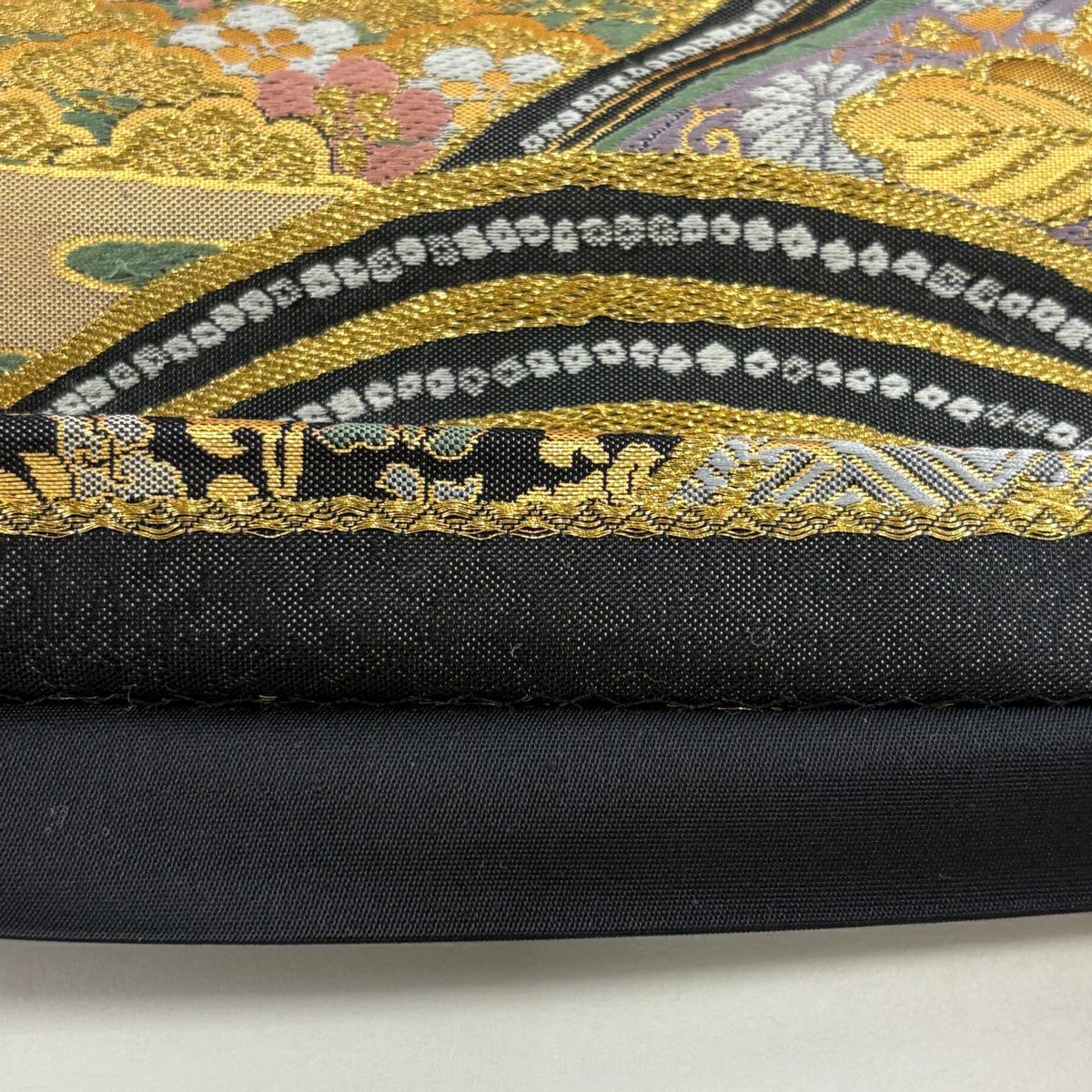 袋帶 秀品級 波 草花紋 金糸 金金箔 墨 深藍 六通 純蠶絲