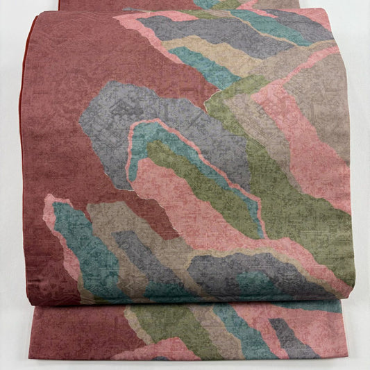 【美品】 袋帶 名古屋帶 秀品級 幾何圖案 紅紫 純蠶絲