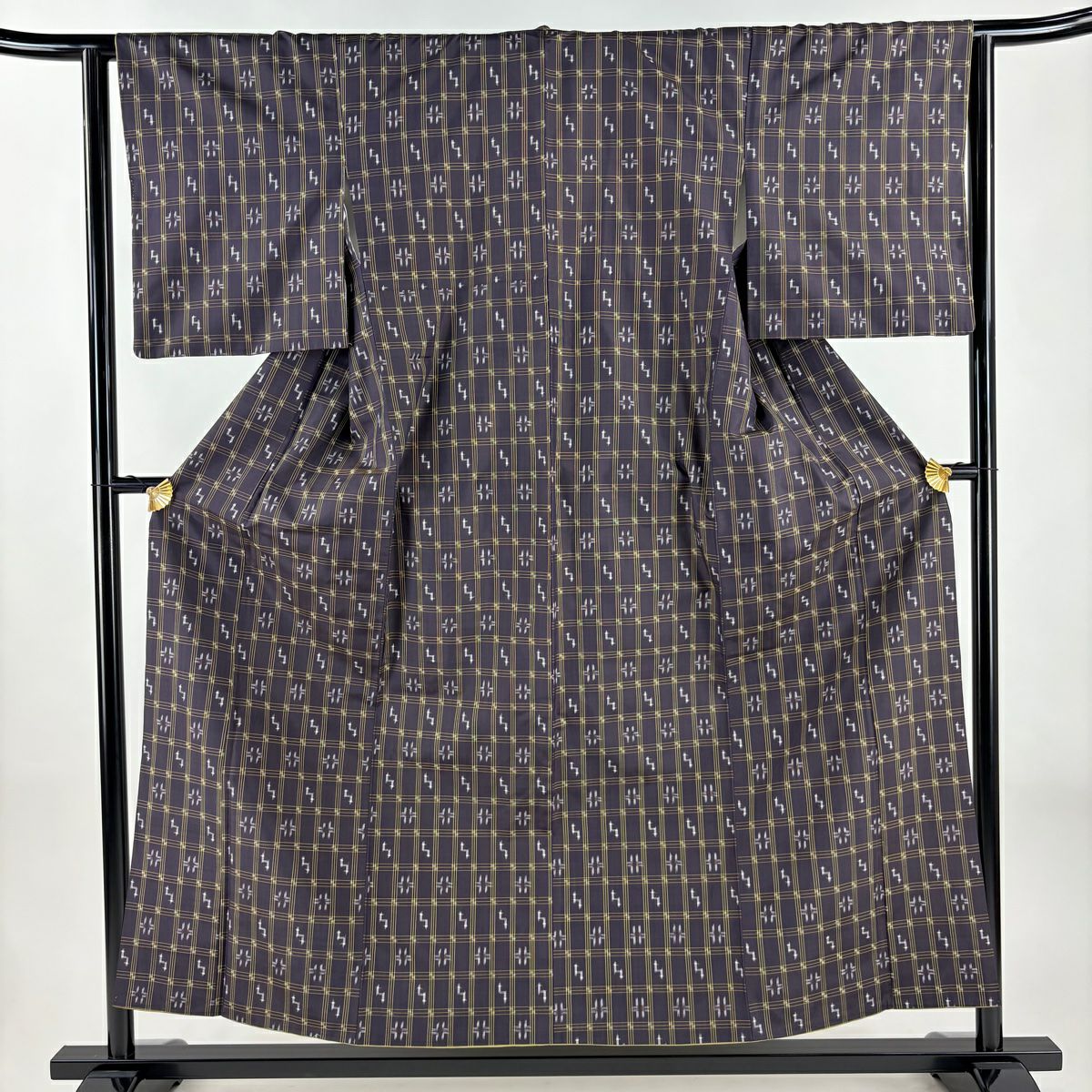 【美品】 紬織 身長156.5cm 袖長63cm S 雙層 格子 幾何學 深紫 純蠶絲 秀品級