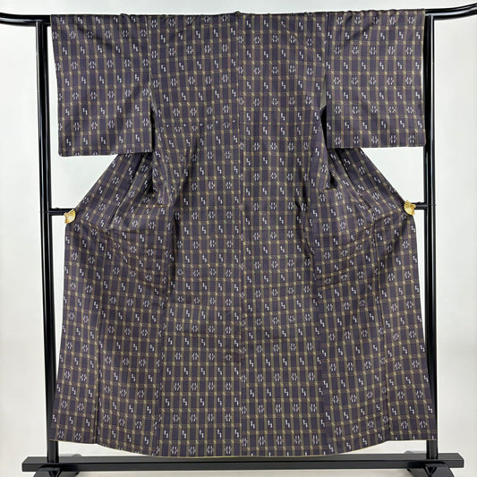 【美品】 紬織 身長156.5cm 袖長63cm S 雙層 格子 幾何學 深紫 純蠶絲 秀品級
