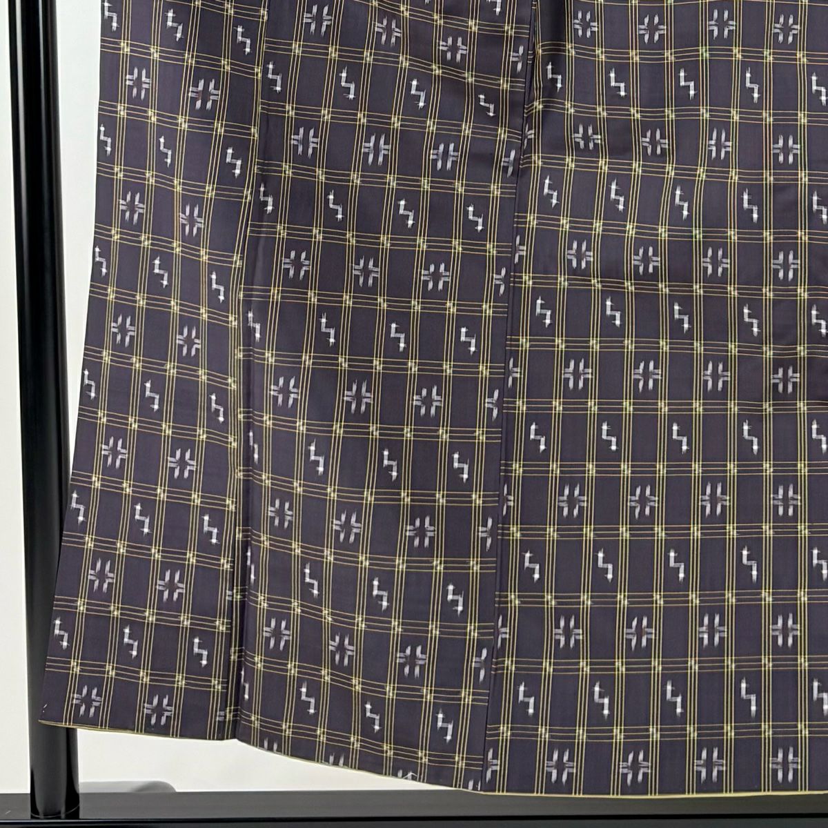 【美品】 紬織 身長156.5cm 袖長63cm S 雙層 格子 幾何學 深紫 純蠶絲 秀品級