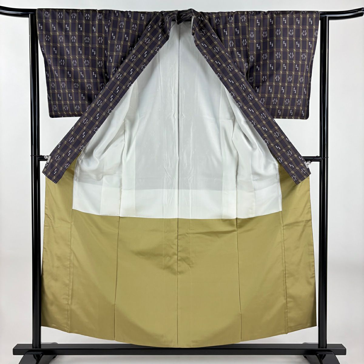 【美品】 紬織 身長156.5cm 袖長63cm S 雙層 格子 幾何學 深紫 純蠶絲 秀品級