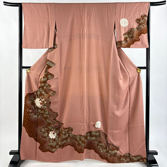 訪問服 身長165cm 袖長64.5cm M 雙層 秋草 霞刺繡 絞染 粉紅 純蠶絲 秀品級