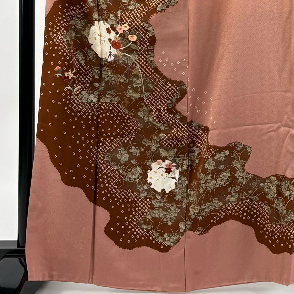 訪問服 身長165cm 袖長64.5cm M 雙層 秋草 霞刺繡 絞染 粉紅 純蠶絲 秀品級