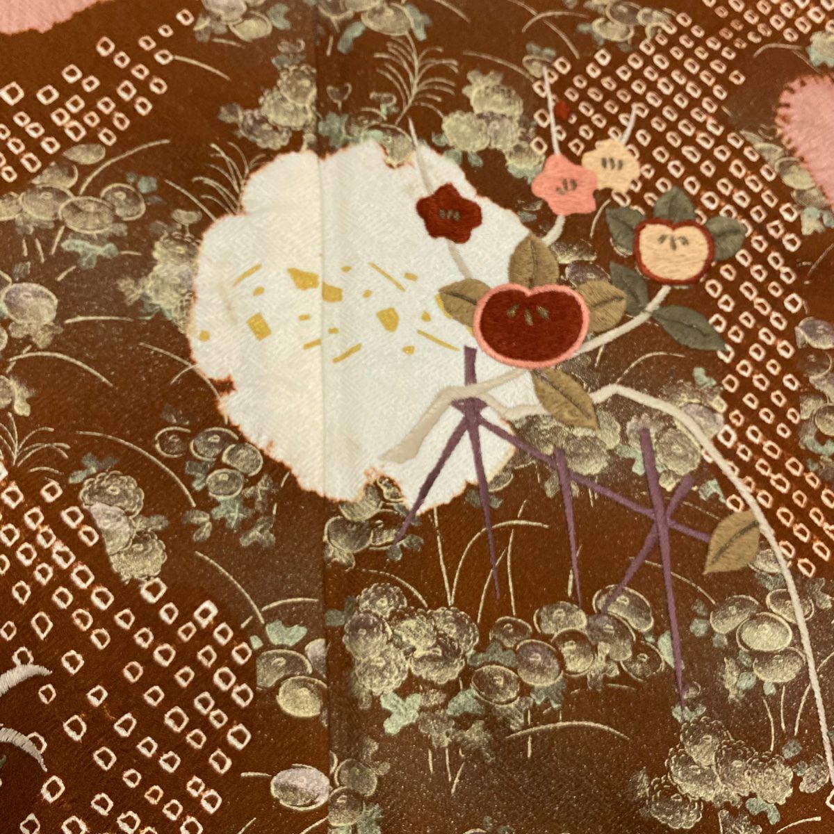 訪問服 身長165cm 袖長64.5cm M 雙層 秋草 霞刺繡 絞染 粉紅 純蠶絲 秀品級