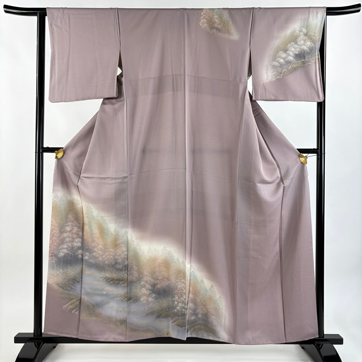 訪問服 身長160cm 袖長63cm S 雙層 風景 樹木 金彩裝飾 漸變 灰紫 純蠶絲 優品級