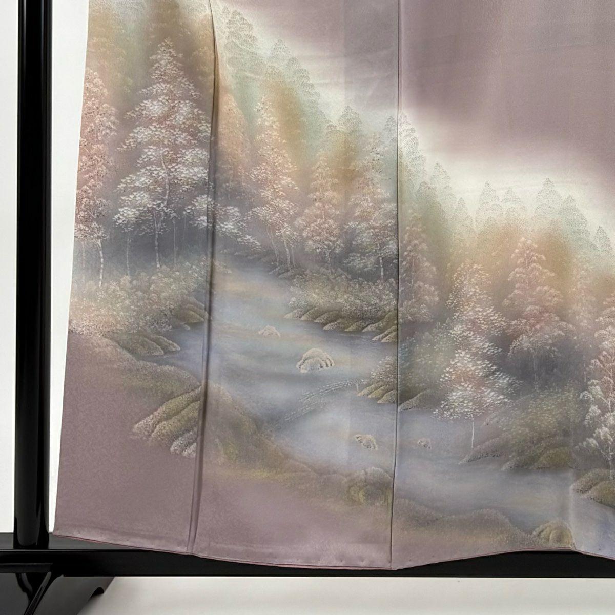 訪問服 身長160cm 袖長63cm S 雙層 風景 樹木 金彩裝飾 漸變 灰紫 純蠶絲 優品級