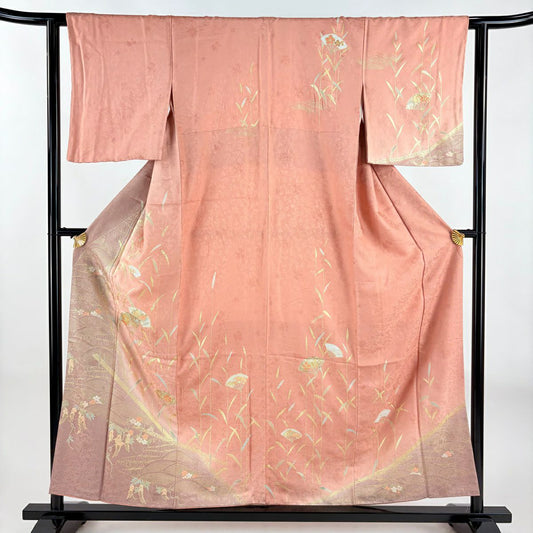 訪問服 身長156.5cm 袖長61cm S 雙層 扇子子 波紋 金銀彩 漸層 粉米色 純蠶絲 優品級