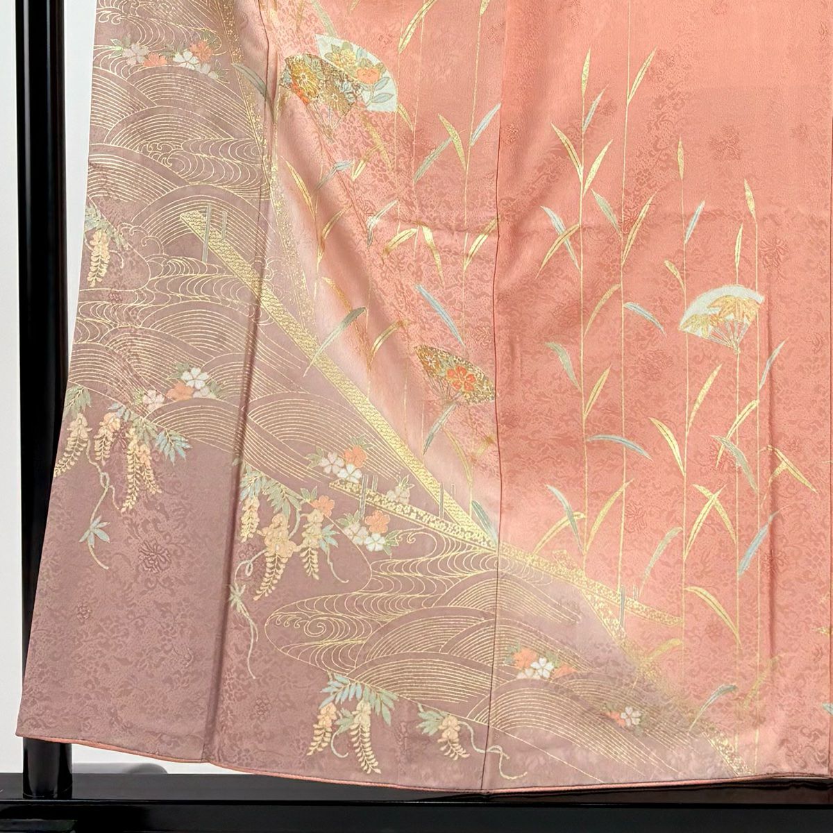 訪問服 身長156.5cm 袖長61cm S 雙層 扇子子 波紋 金銀彩 漸層 粉米色 純蠶絲 優品級
