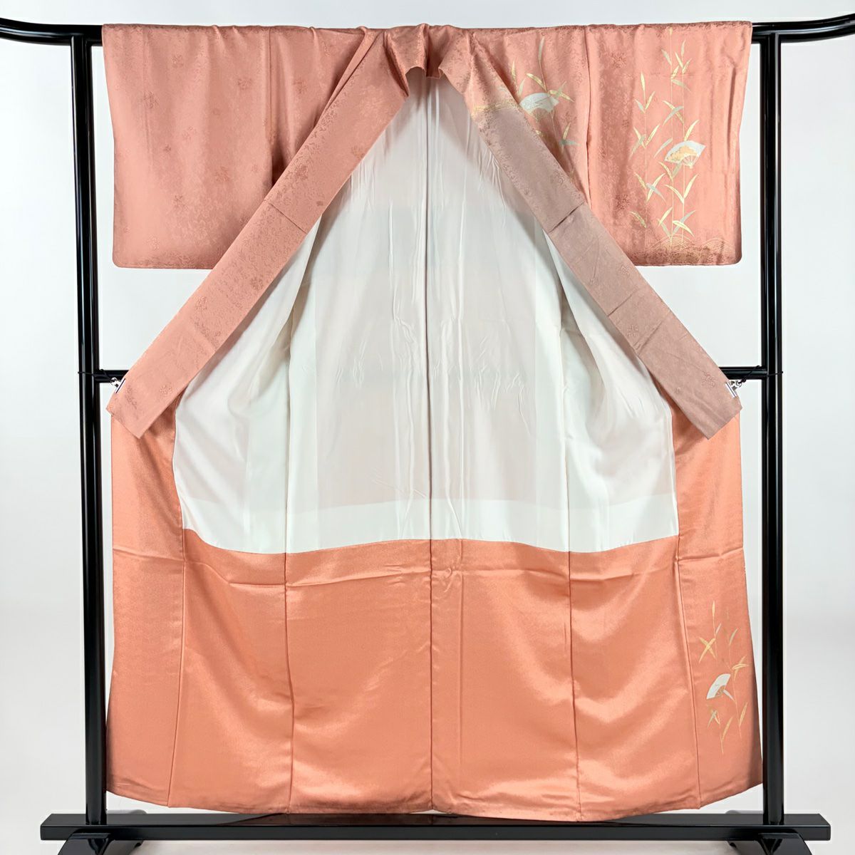 訪問服 身長156.5cm 袖長61cm S 雙層 扇子子 波紋 金銀彩 漸層 粉米色 純蠶絲 優品級