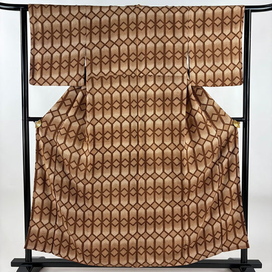 【美品】 小紋 身長156cm 袖長63cm S 雙層 幾何學圖案 漸層 茶 純蠶絲 秀品級