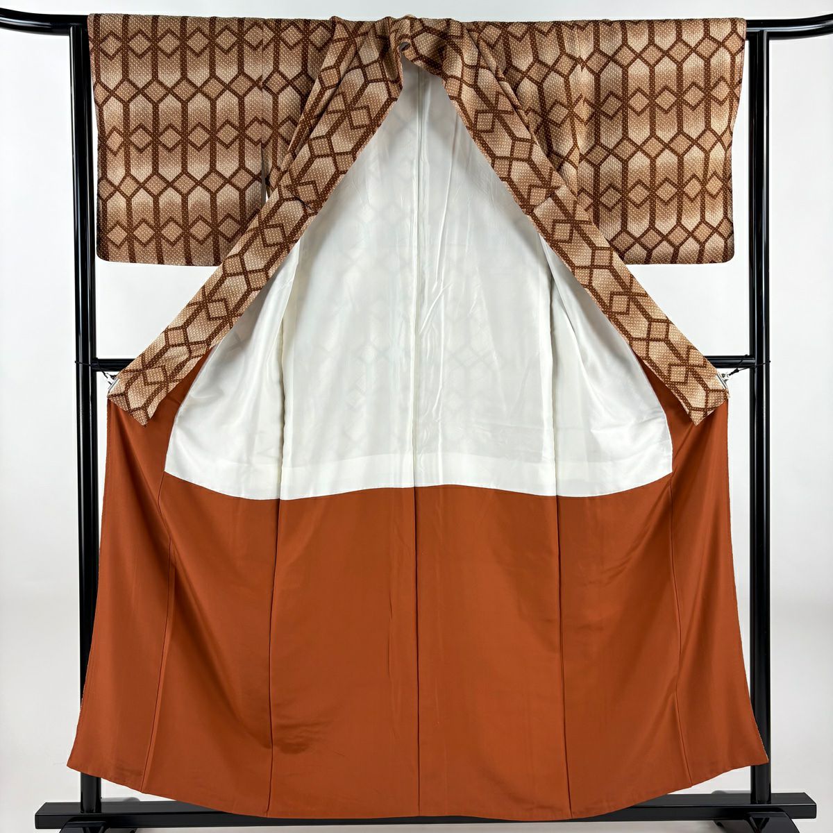 【美品】 小紋 身長156cm 袖長63cm S 雙層 幾何學圖案 漸層 茶 純蠶絲 秀品級