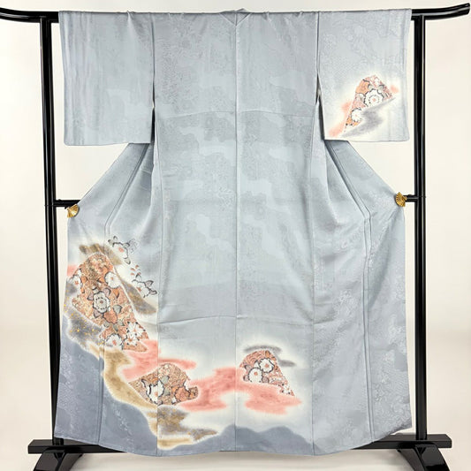 付下 身長158.5cm 袖長62cm S 雙層 草花紋紋 青海波 金銀彩 漸層 青灰色 純蠶絲 優品級