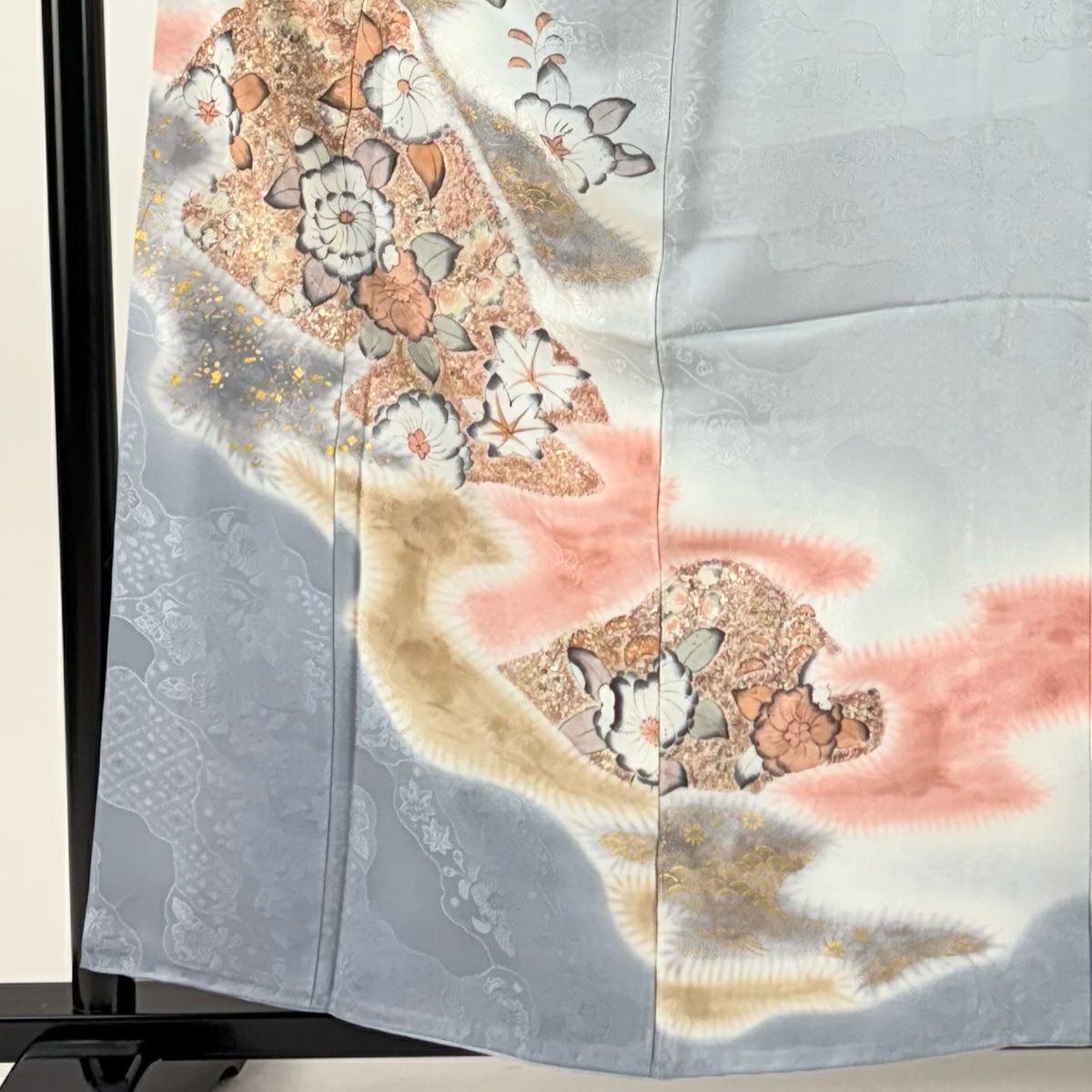付下 身長158.5cm 袖長62cm S 雙層 草花紋紋 青海波 金銀彩 漸層 青灰色 純蠶絲 優品級