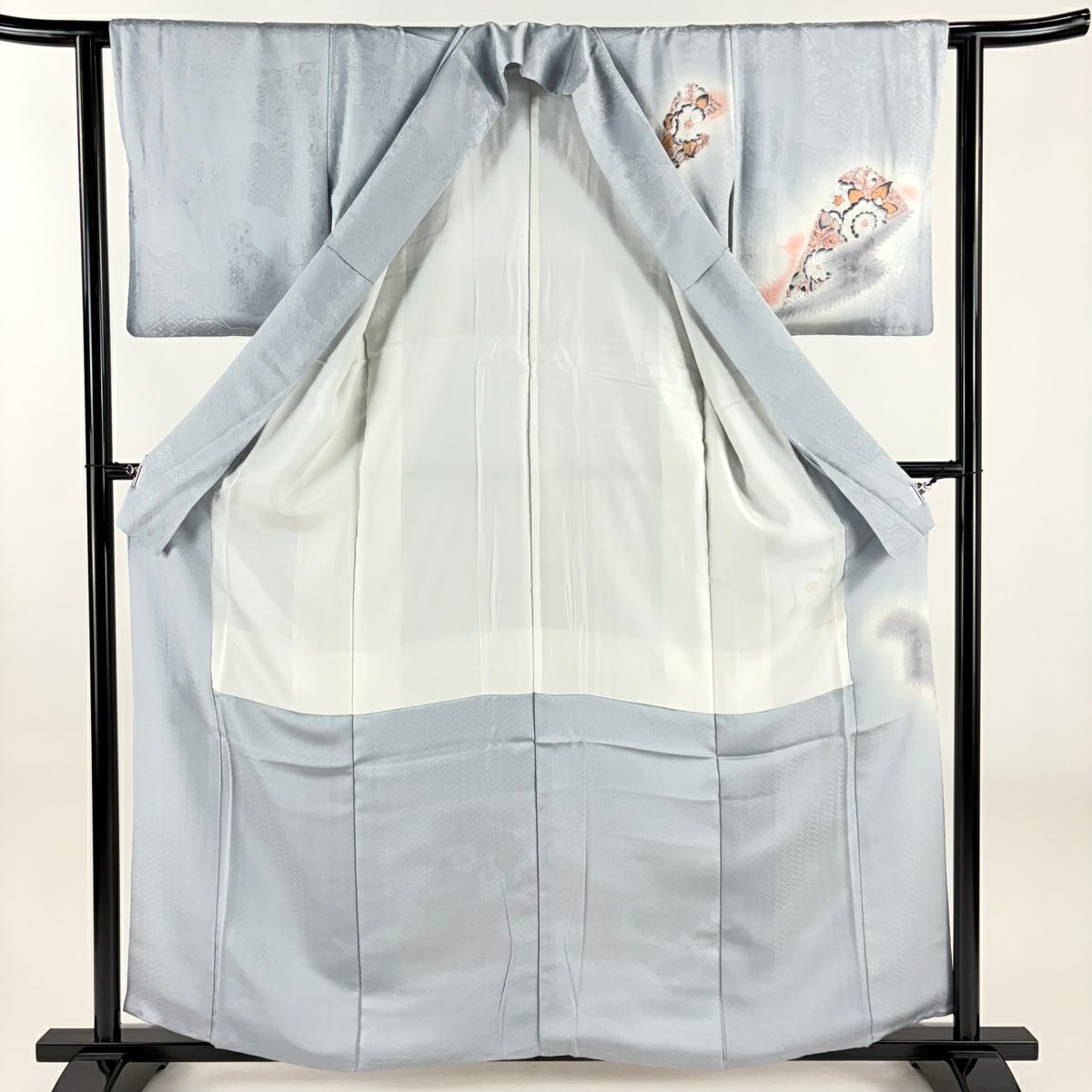 付下 身長158.5cm 袖長62cm S 雙層 草花紋紋 青海波 金銀彩 漸層 青灰色 純蠶絲 優品級