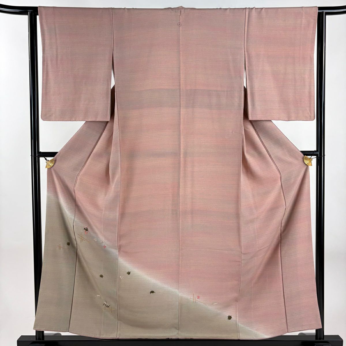 付下 身長158cm 袖長62.5cm S 雙層 菖蒲 萩 刺繡 金銀彩 粉米色 純蠶絲 秀品級 一個紋