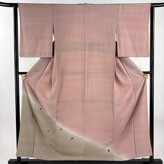 付下 身長158cm 袖長62.5cm S 雙層 菖蒲 萩 刺繡 金銀彩 粉米色 純蠶絲 秀品級 一個紋