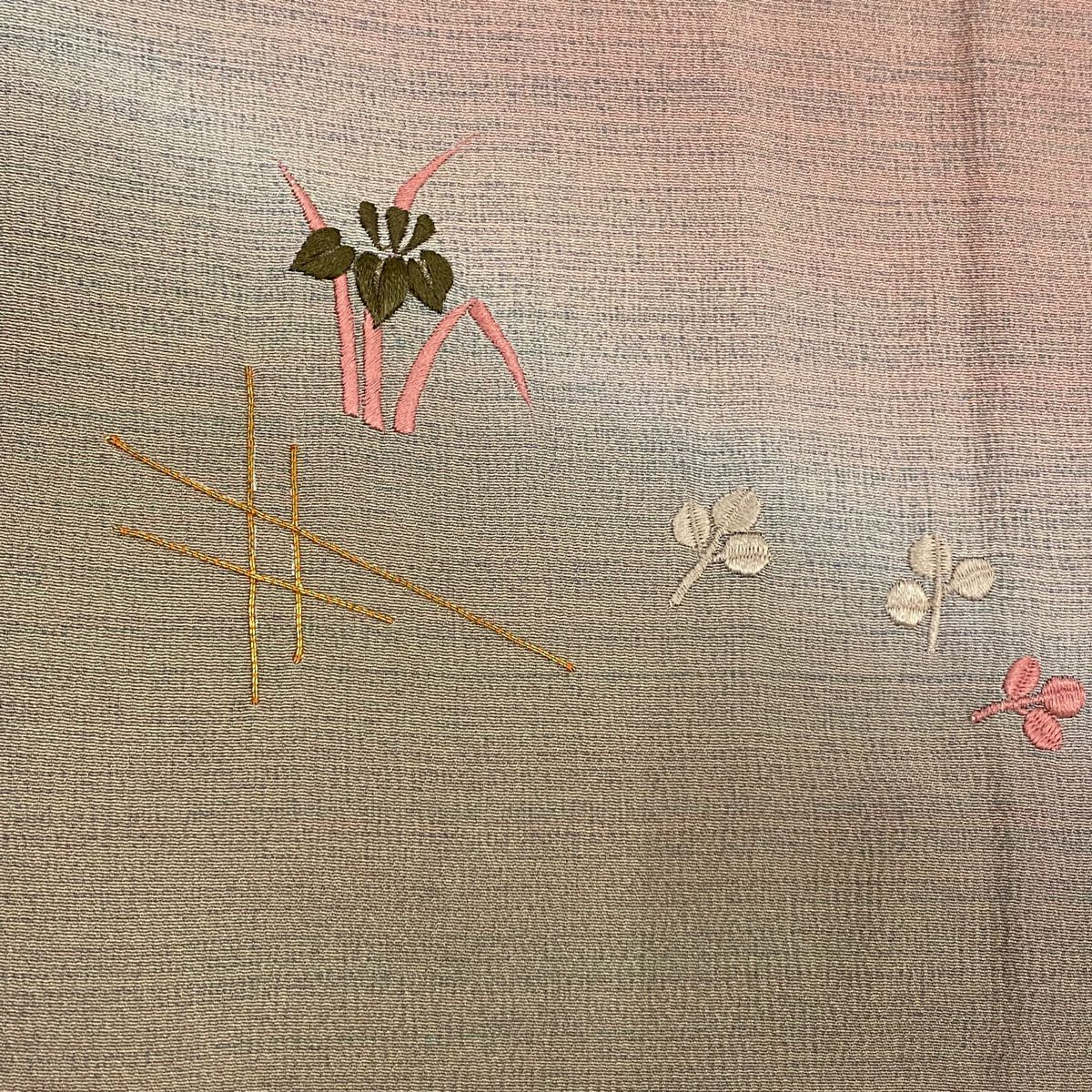 付下 身長158cm 袖長62.5cm S 雙層 菖蒲 萩 刺繡 金銀彩 粉米色 純蠶絲 秀品級 一個紋