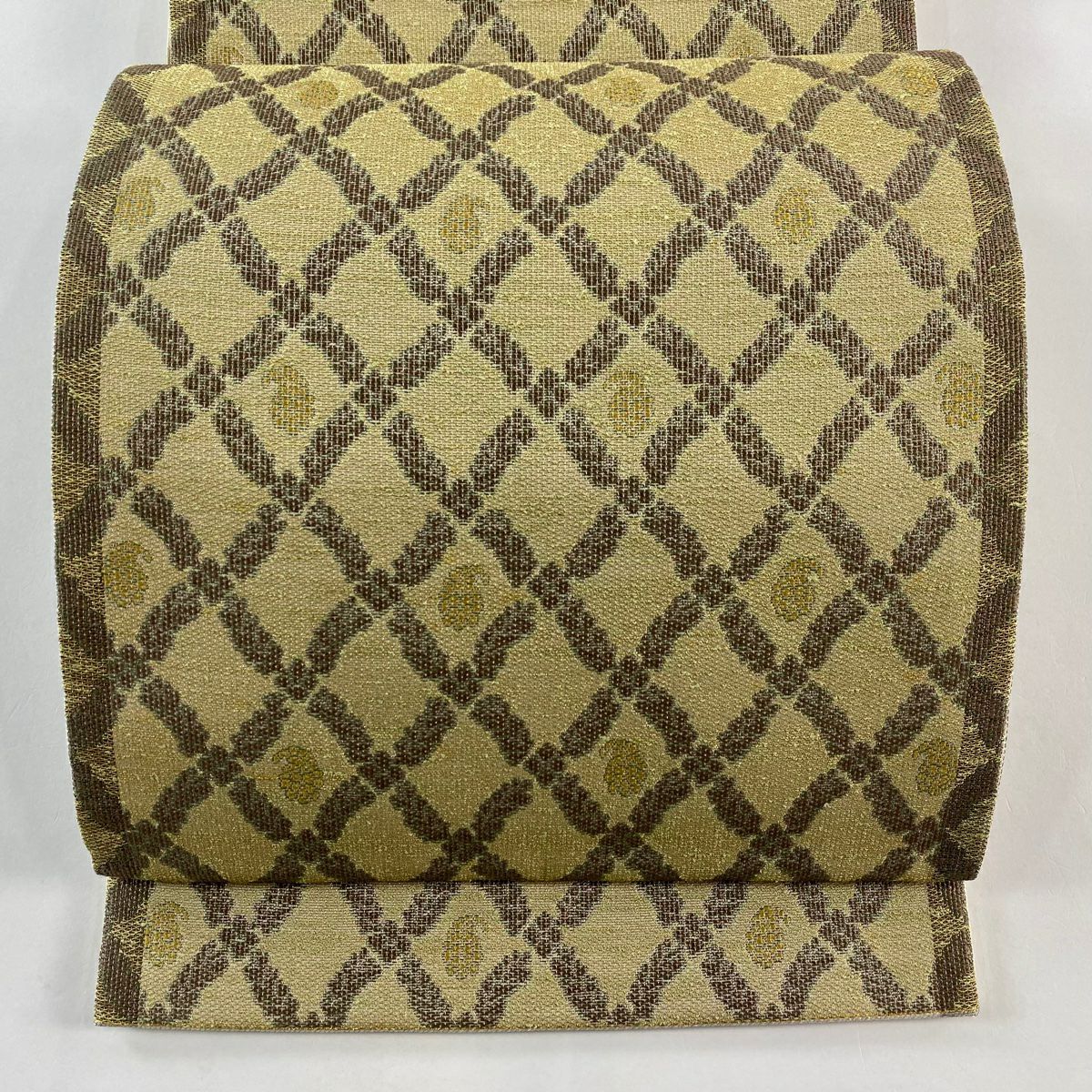 【美品】 袋帶 名品級 斜格子 幾何學 金絲 金金箔 淺茶 六通 純蠶絲